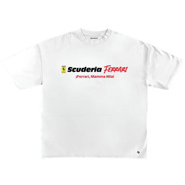 White t-shirt with Scuderia Ferrari logo on a white background