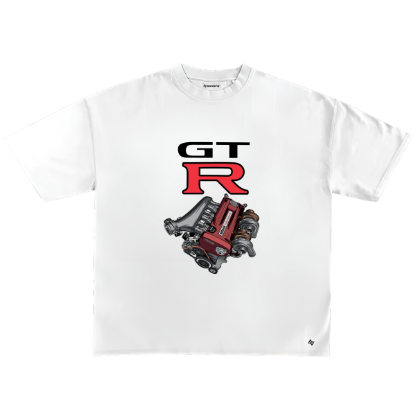 White t-shirt with GT R graphic design on a white background