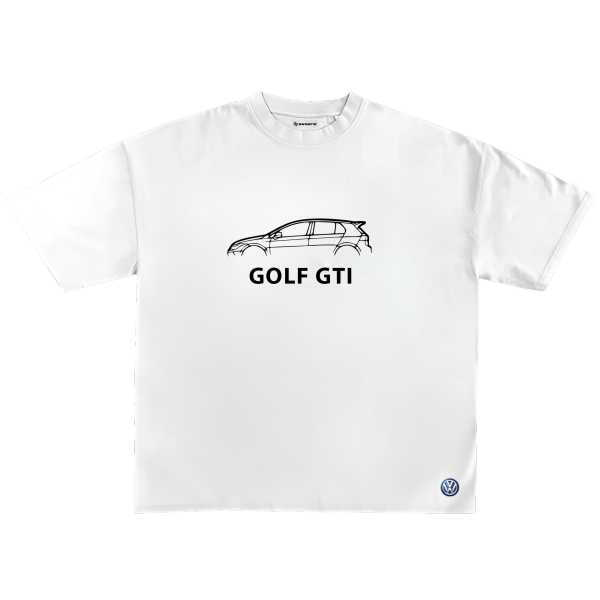 White t-shirt with black car silhouette and 'GOLF GTI' text on a white background