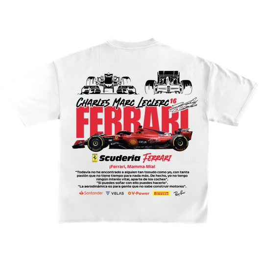 White t-shirt with Ferrari Formula 1 car design and text on a white background